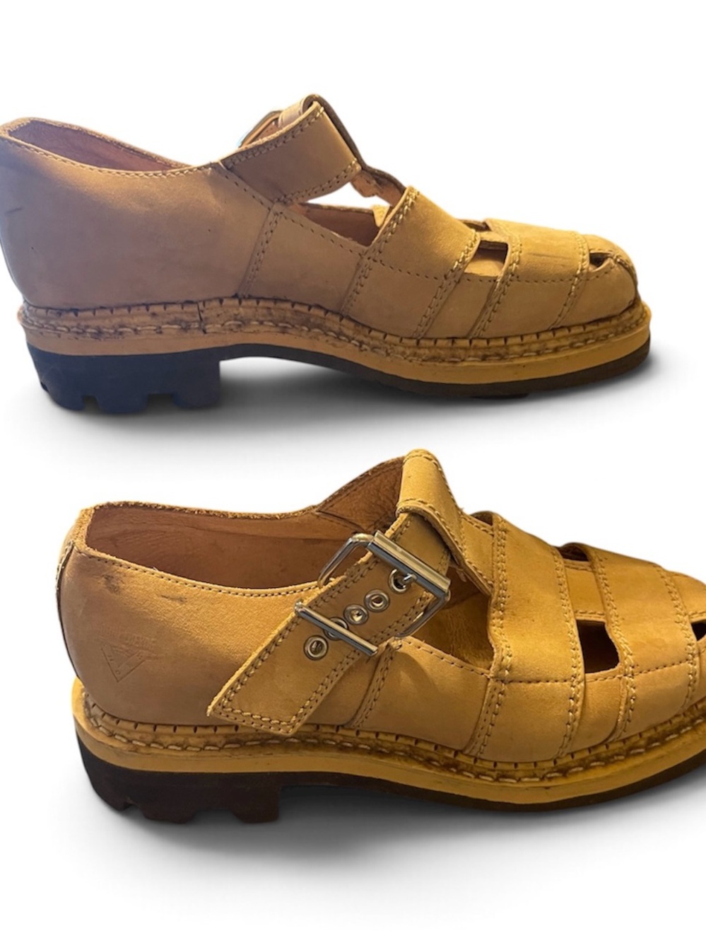 John Fluevog Mustard Leather Buckle Fisherman Sandals